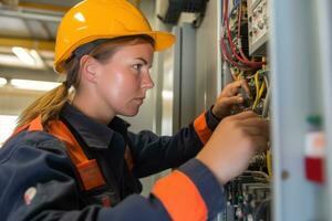 femelle électricien à travail sur une fusible boîte, orné dans sécurité engrenage. génératif ai photo