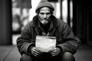 sans abri montrant cherchant Humain la gentillesse signe sur papier carton. génératif ai photo