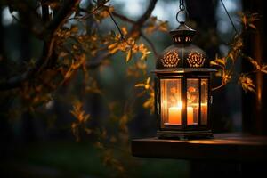 l'automne lanterne sur en bois tableau. copie espace. génératif ai photo
