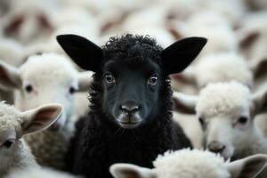 un noir mouton dans une troupeau de blanc mouton. génératif ai photo