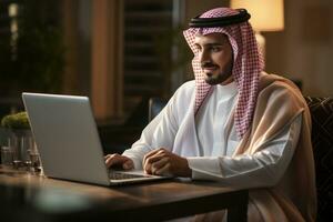 saoudien homme séance portable devant ayant un en ligne réunion. génératif ai photo