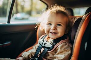 enfant est en jouant avec de bonne heure enfance éducation jouets dans le voiture, voiture siège. génératif ai photo