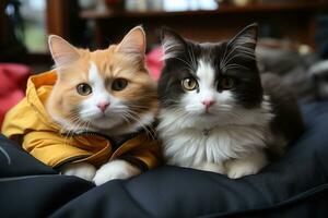 noir et blanc chat sur canapé ensemble Orange chat graisse. génératif ai photo