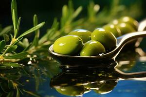 Olives sur une cuillère sur une vert Contexte avec pétrole et olive feuilles. génératif ai photo