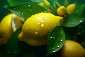 ai génératif citrons et citrons avec l'eau gouttes sur une vert Contexte photo