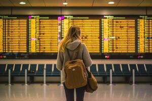 une Jeune femme à un international aéroport regards à le vol information planche. génératif ai photo