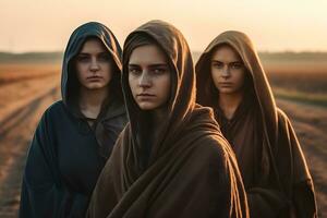 Trois femmes de le berbère tribu. neural réseau ai généré photo