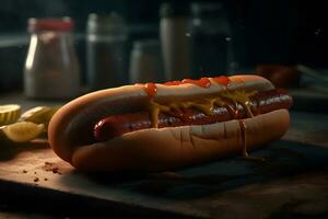 gros Hot-dog avec saucisse tomates, moutarde et salade isolé sur noir Contexte. Haut voir. neural réseau ai généré photo