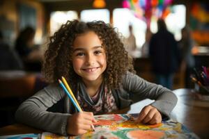 les enfants coloration activité dans une Salle de classe. génératif ai photo