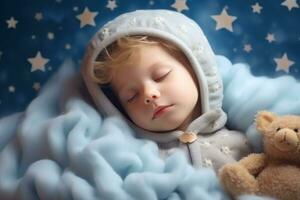 une petit enfant est en train de dormir dans doux des nuages, entouré par espace, étoilé ciel et paix. génératif ai photo