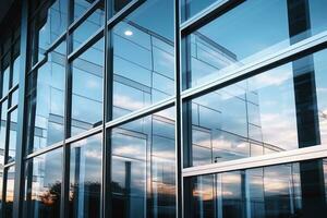 Naturel lumière à venir de le verre les fenêtres de Bureau bâtiment génératif ai photo