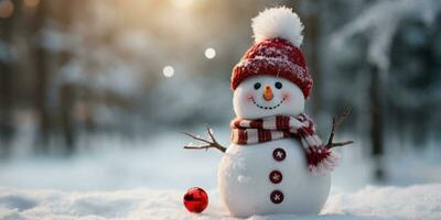 bonhomme de neige avec une Père Noël chapeau, fermer en haut, vide espace. génératif ai photo