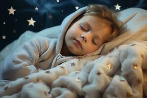 une petit enfant est en train de dormir dans doux des nuages, entouré par espace, étoilé ciel et paix. génératif ai photo