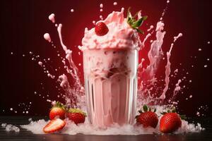 fraise smoothie frappe effet tourbillonnant vague fraise Lait éclaboussure autour verre. génératif ai photo