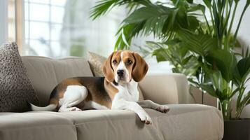 moderne vivant pièce intérieur. mignonne beagle sur canapé. génératif ai photo