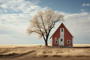 minimalisme grand deux étages Grange dans champ avec des arbres. génératif ai photo