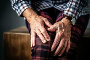 le la personne a le genou douleur. génératif ai photo