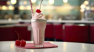 Cerise Milk-shake dans une classique américain le dîner. nourriture la photographie concept. génératif ai photo