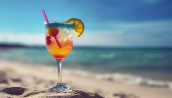 cocktail verre sur le sablonneux plage près le mer dans été temps. génératif ai photo