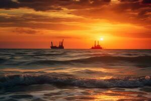 pétrole produisant station sur le Contexte de le le coucher du soleil dans le mer. neural réseau ai généré photo