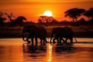 le coucher du soleil dans chobe nationale parc, botswana, Afrique, silhouette de éléphants à le coucher du soleil dans chobe nationale parc, botswana, Afrique, ai généré photo