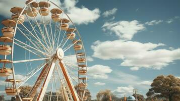 au milieu de une tranquille ciel orné avec chuchotement des nuages, le ferris roue tourne, une fascinant Danse de enfance rêves et souvenirs. génératif ai photo