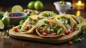 authentique les saveurs. tacos avec amour arrangé sur une traditionnel en bois dalle. génératif ai photo