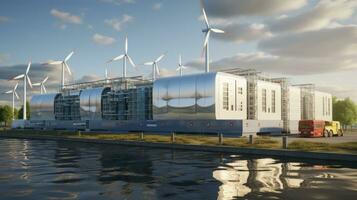 innovant énergie. hydrogène compartiments, vent turbines, et solaire panneaux sur le rivage. génératif ai photo