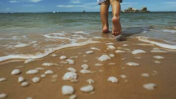jambes de enfant sur le le sable plage, agréable tropical voir. génératif ai photo