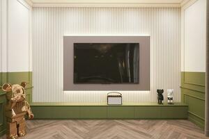 mur la télé panneau avec la télé, robotique statue et une radio affiché dans le chambre à coucher, 3d le rendu photo