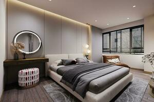 une gris et confortable lit, pansement en haut avec une miroir, fenêtre, sol avec bois dur, 3d le rendu photo