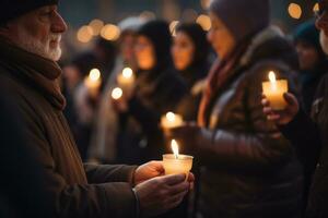 gens en portant bougies dans une silencieux veillée à commémorer ceux affecté par guerre et à appel pour une plus paisible monde. génératif ai photo
