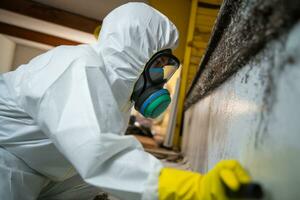 une professionnel technicien dans protecteur équipement travail à retirer moule de une maison. génératif ai photo