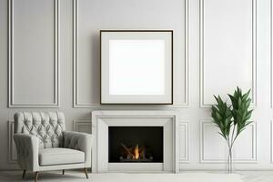Vide vide photo Cadre maquette dans une blanc luxe vivant pièce avec une cheminée et une canapé ai génératif image