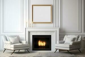 Vide vide photo Cadre maquette dans une blanc luxe vivant pièce avec une cheminée et une canapé ai génératif image