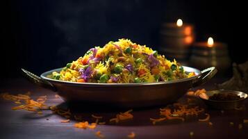 Indien nourriture appelé légume biryani sur un fleuri céramique plat dans un opulent Indien restaurant. ai génératif photo