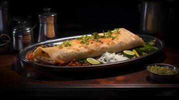 aromatique Indien nourriture appelé Masala dosa sur une ancien acier plateau dans une animé Sud Indien café ai génératif photo