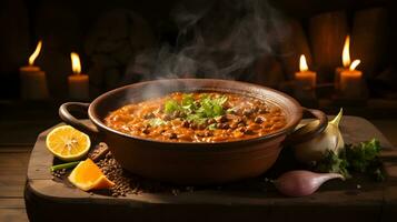 fumant Indien nourriture appelé dal makhani sur une rustique argile bol dans un authentique punjabi cuisine ai génératif photo