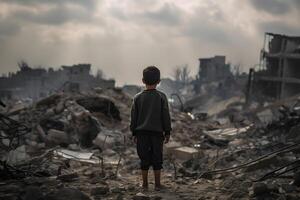 une enfant est permanent dans de face de une détruit bâtiment car de le guerre. ai génératif image photo