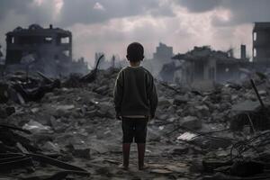 une enfant est permanent dans de face de une détruit bâtiment car de le guerre. ai génératif image photo