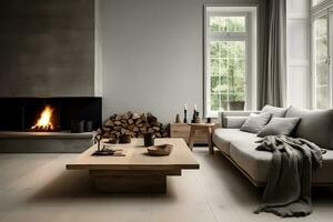 vivant pièce avec une rustique scandinave intérieur style, une gris lit de repos canapé est mis suivant à une cheminée ai généré image photo
