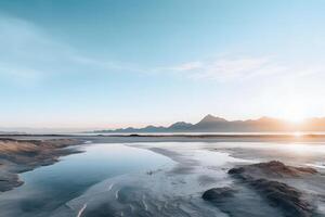 magnifique Lac vue contre le toile de fond de le sable montagnes - génial sel Lac dans Utah dans de bonne heure Matin ai génératif photo