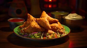 Indien nourriture appelé samosa sur une coloré céramique assiette dans une animé Indien rue vendeur ai génératif photo