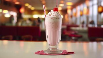 Cerise Milk-shake dans une classique américain le dîner. nourriture la photographie concept. génératif ai photo