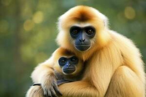 proche image de joue gibbon singe mère avec une enfant dans le forêt. génératif ai photo
