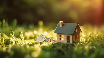 copie espace de maison. petit modèle Accueil sur vert herbe avec lumière du soleil. ai génératif photo