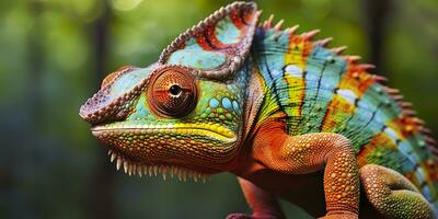 une coloré proche en haut caméléon avec une haute crête sur ses diriger. génératif ai photo