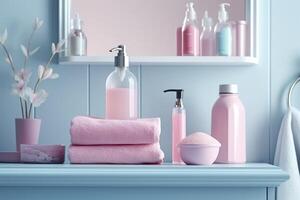 une pastel salle de bains étagère avec rose soin de la peau des produits, copie espace, bannière, rose et pastel bleu brillant palette, barbiecore. ai génératif photo