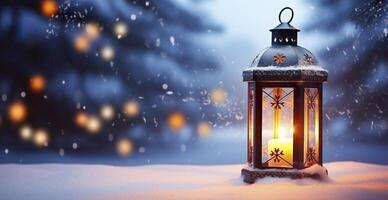 Noël lanterne sur neige avec sapin branche dans soir scène. génératif ai photo