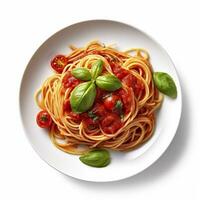 délicieux assiette de spaghetti avec tomate sauce sur une blanc Contexte génératif ai photo